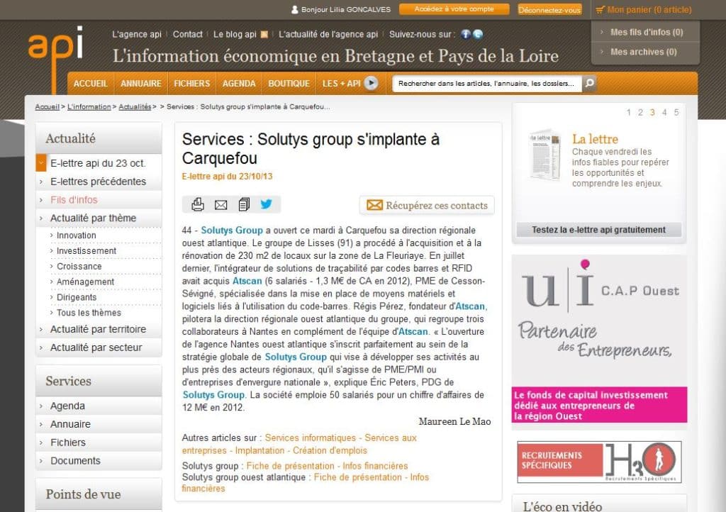 L'ouverture de la Direction Ouest fait la Une de la lettre API