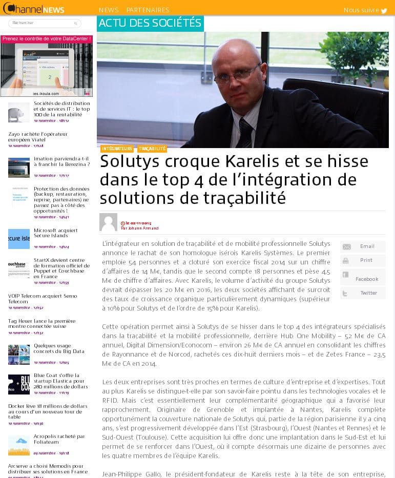 ChannelNews : Solutys croque Karelis et se hisse dans le top 4 de l’intégration de solutions de traçabilité