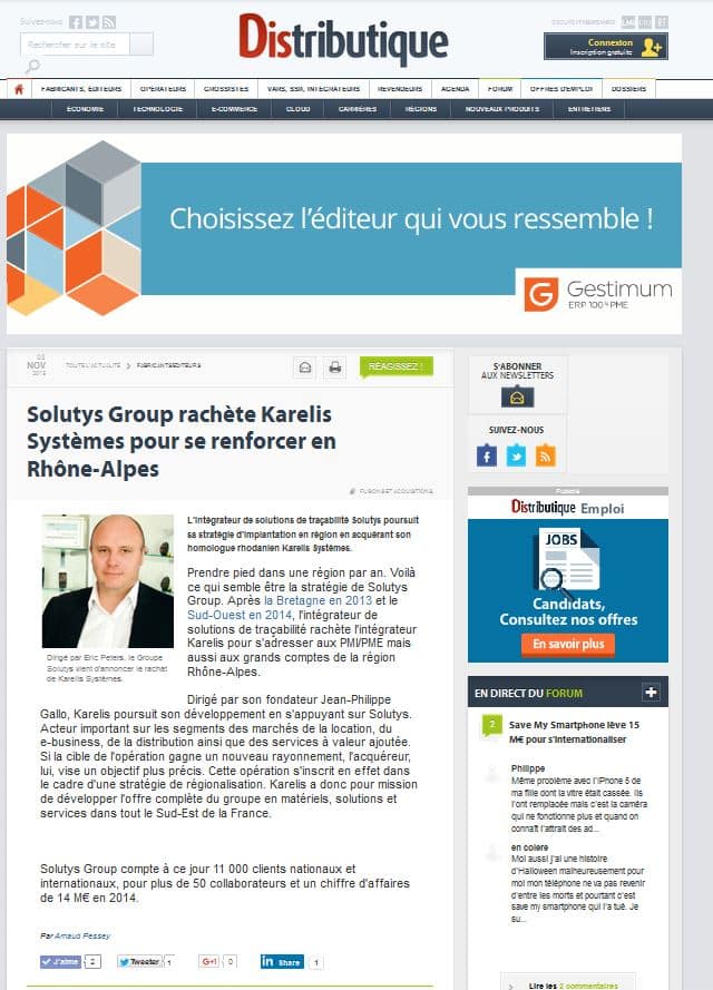 Distributique : Solutys Group rachète Karelis Systèmes pour se renforcer en Rhône-Alpes