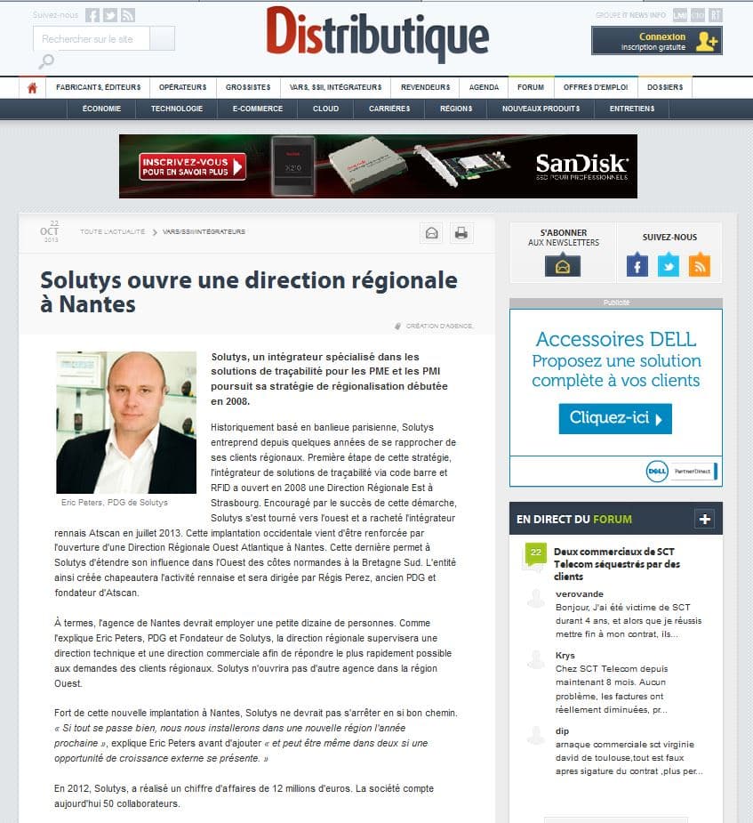 L’implantation de SOLUTYS Group à Nantes relayée par Distributique