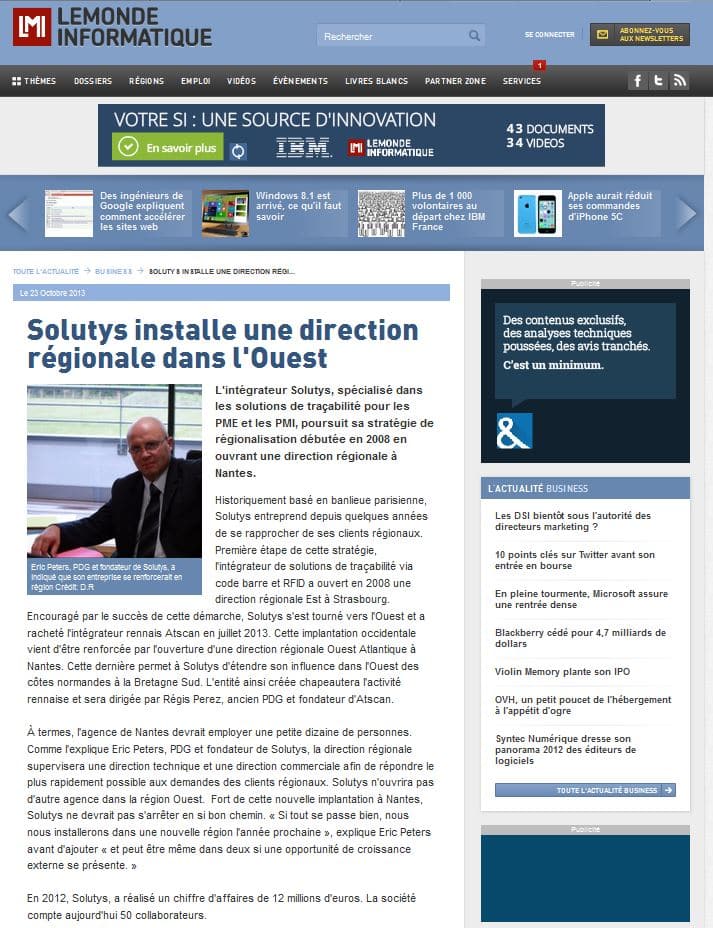 L’ouverture de la Direction Régionale Ouest à Nantes dans Le Monde Informatique