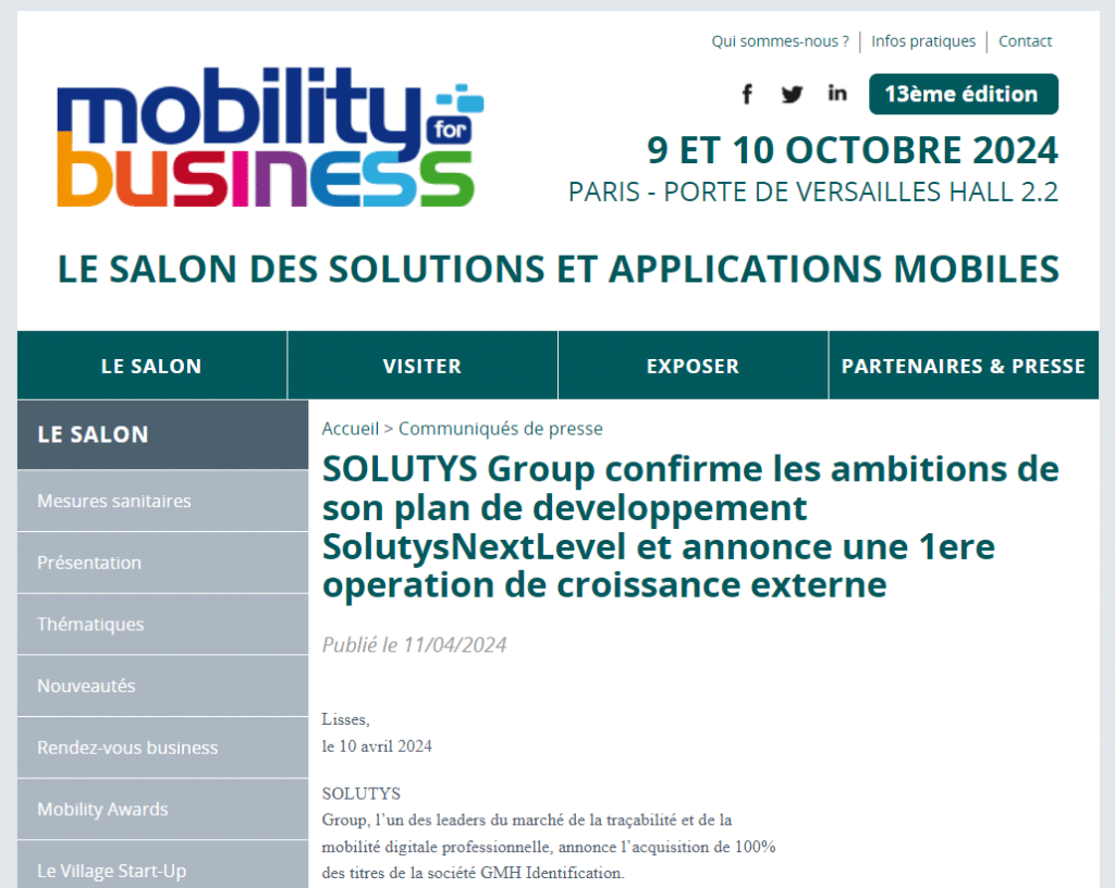 Mobility For Business : SOLUTYS Group annonce l'acquisition de GMH Identification