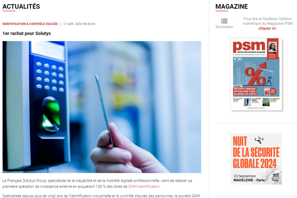 Protection Sécurité Magazine : 1er rachat pour Solutys Protection Sécurité Magazine : 1er rachat pour Solutys