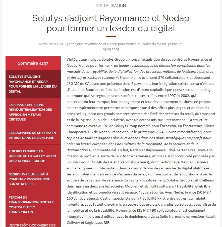 Solutys s’adjoint Rayonnance et Nedap pour former un leader du digital Solutys s’adjoint Rayonnance et Nedap pour former un leader du digital