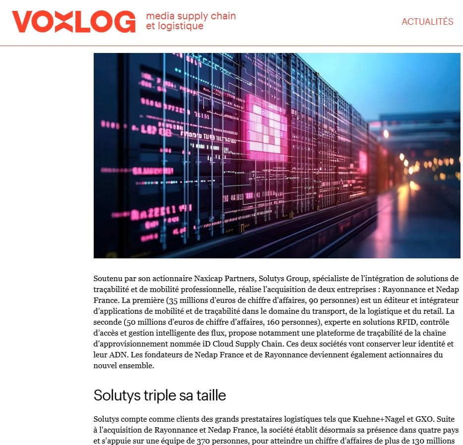 Solutys acquiert les sociétés Rayonnance et Nedap France Solutys acquiert les sociétés Rayonnance et Nedap France