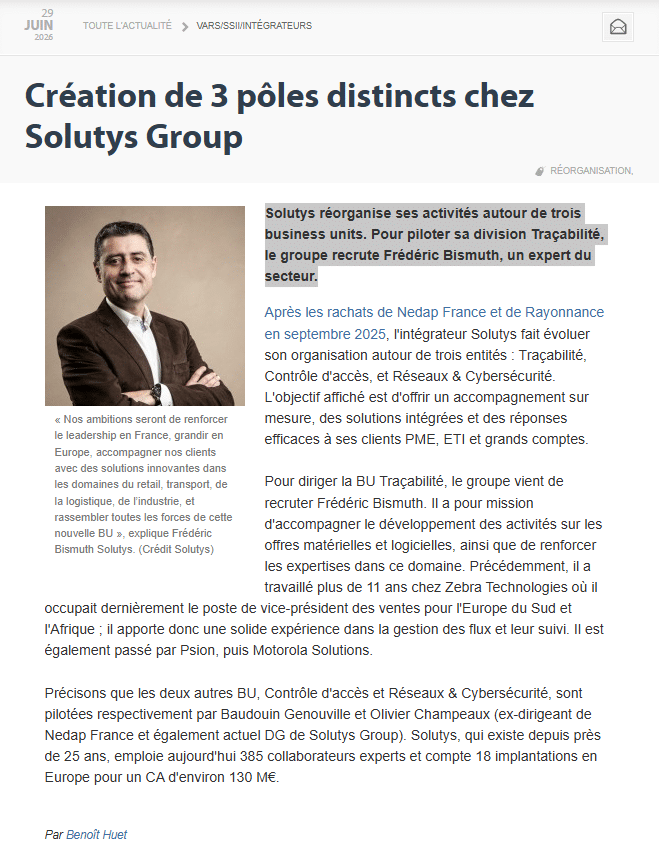 Création de 3 pôles distincts chez Solutys Group